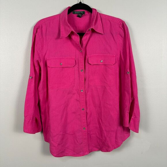 Lauren Ralph Womens Large Pink Linen Roll Tab Sleeve Button Down Shirt Blouse - Picture 1 of 3